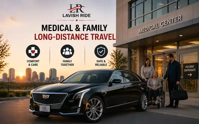 Luxury Cadillac sedan outside a medical center, providing comfortable long-distance transportation for patients, caregivers, and families traveling together safely and reliably.